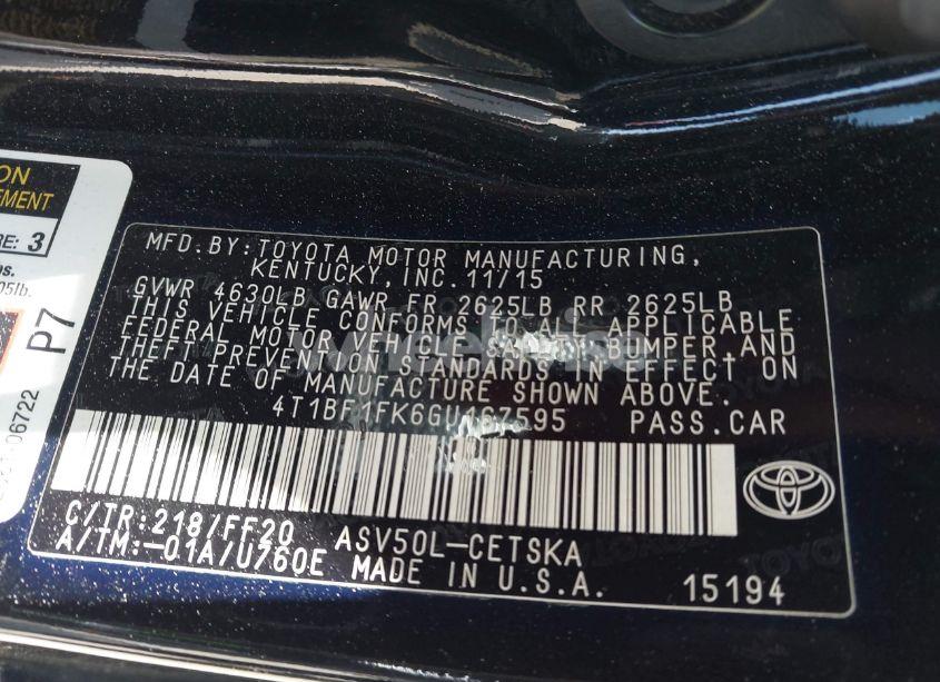 Photo 9 of 2016 Toyota Camry SE (VIN 4T1BF1FK6GU167595)