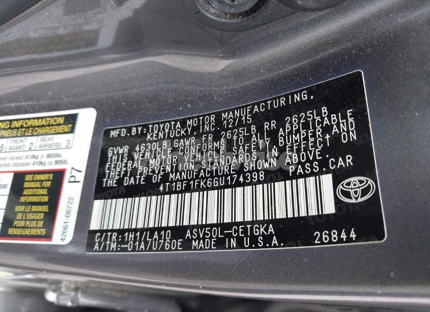 Photo 9 of 2016 Toyota Camry XLE (VIN 4T1BF1FK6GU174398)