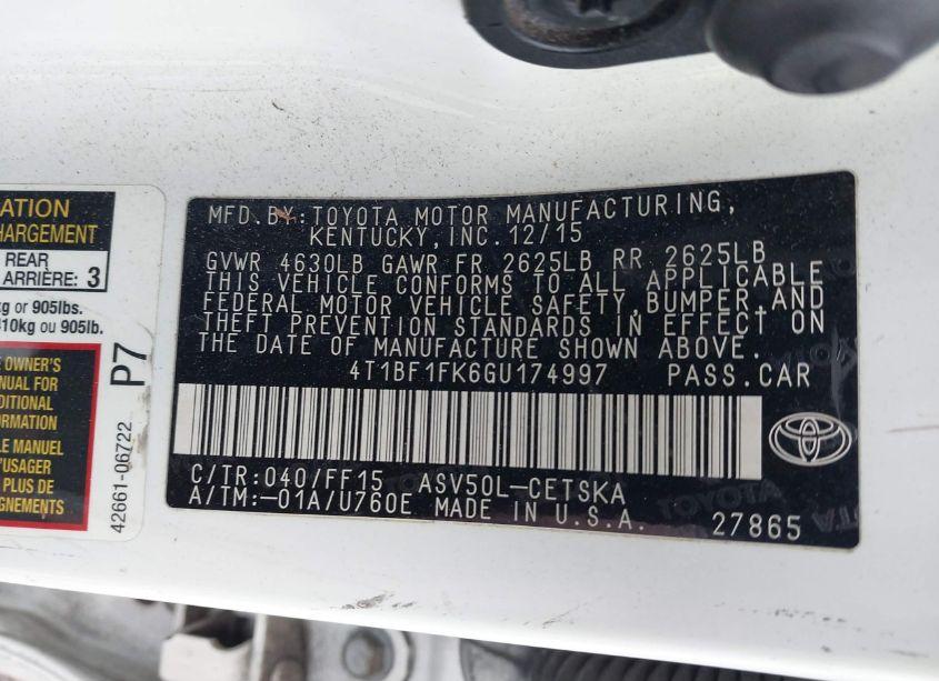 Photo 9 of 2016 Toyota Camry SE (VIN 4T1BF1FK6GU174997)