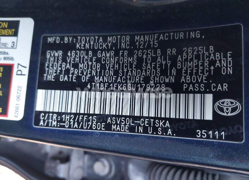 Photo 9 of 2016 Toyota Camry SE (VIN 4T1BF1FK6GU179228)