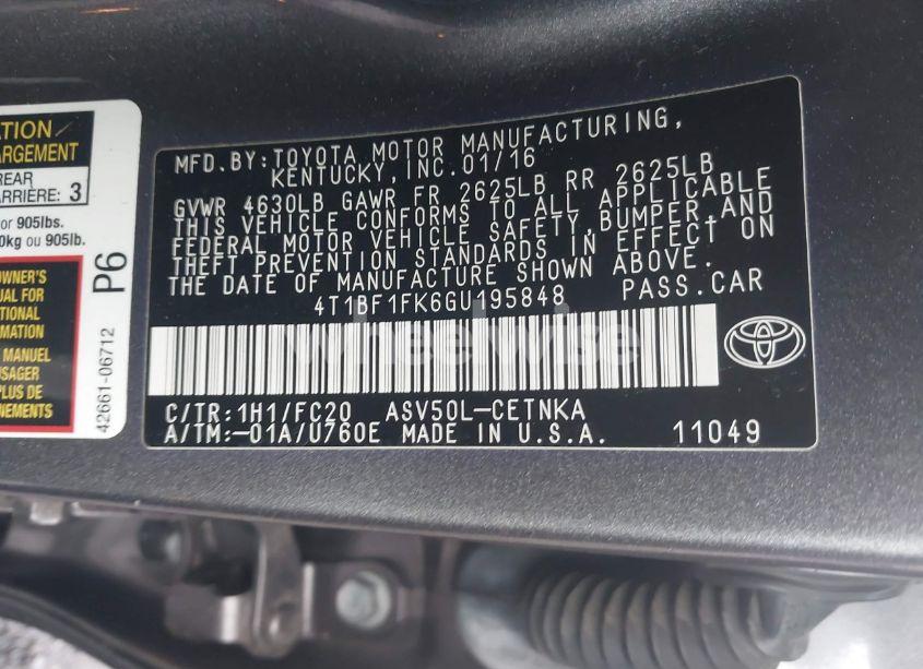 Photo 9 of 2016 Toyota Camry LE (VIN 4T1BF1FK6GU195848)