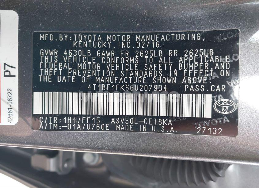 Photo 9 of 2016 Toyota Camry SE (VIN 4T1BF1FK6GU207934)