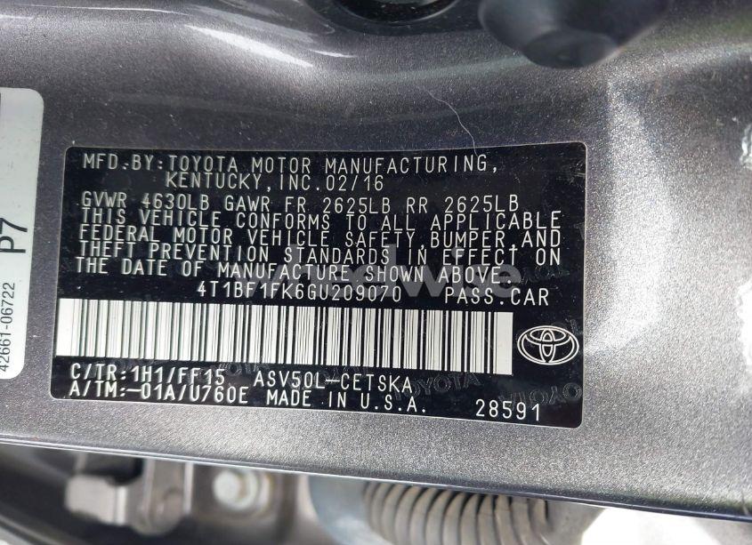 Photo 9 of 2016 Toyota Camry SE (VIN 4T1BF1FK6GU209070)