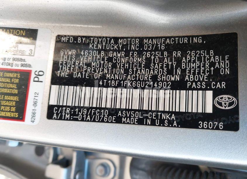 Photo 9 of 2016 Toyota Camry LE (VIN 4T1BF1FK6GU214902)