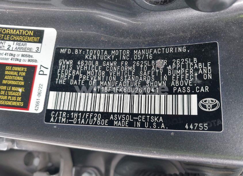 Photo 9 of 2016 Toyota Camry SE (VIN 4T1BF1FK6GU261041)