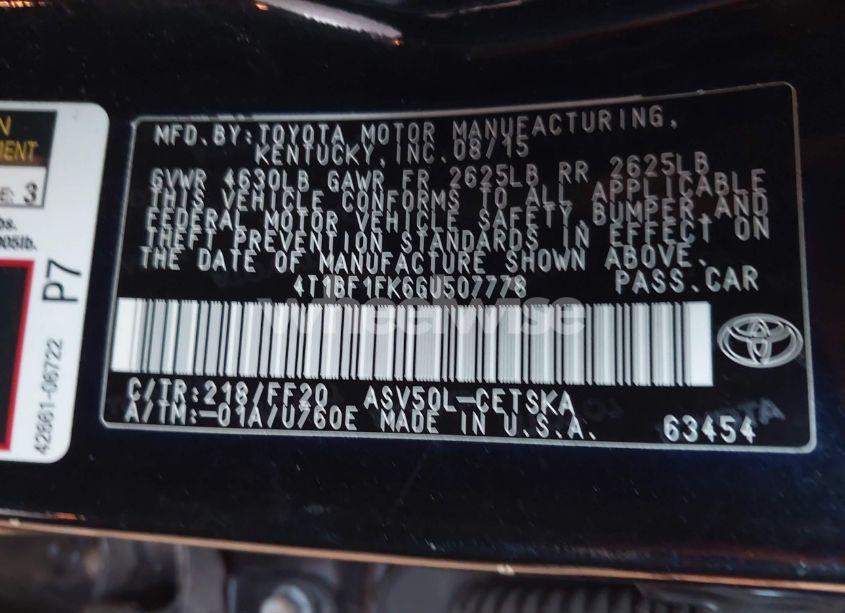 Photo 9 of 2016 Toyota Camry SE (VIN 4T1BF1FK6GU507778)