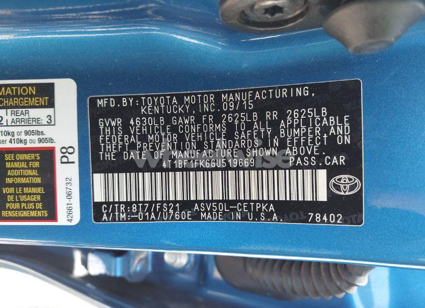 Photo 9 of 2016 Toyota Camry SE (VIN 4T1BF1FK6GU519669)