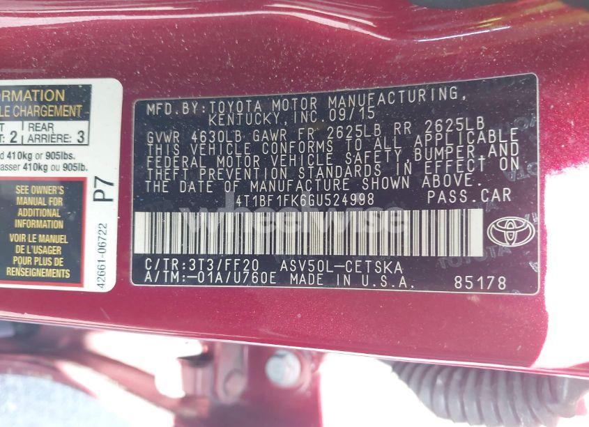 Photo 9 of 2016 Toyota Camry SE (VIN 4T1BF1FK6GU524998)