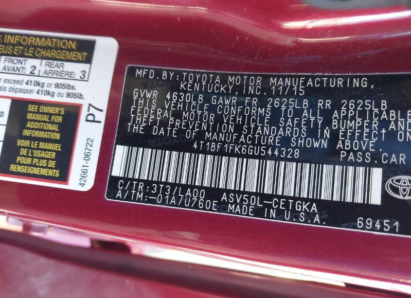 Photo 9 of 2016 Toyota Camry XLE (VIN 4T1BF1FK6GU544328)