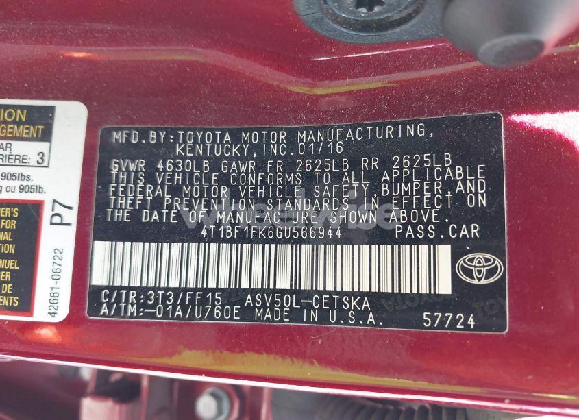 Photo 9 of 2016 Toyota Camry SE (VIN 4T1BF1FK6GU566944)