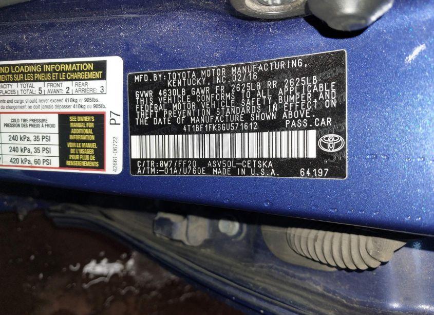 Photo 9 of 2016 Toyota Camry SE (VIN 4T1BF1FK6GU571612)