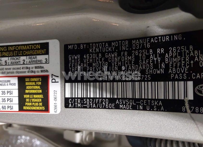 Photo 9 of 2016 Toyota Camry SE (VIN 4T1BF1FK6GU586725)