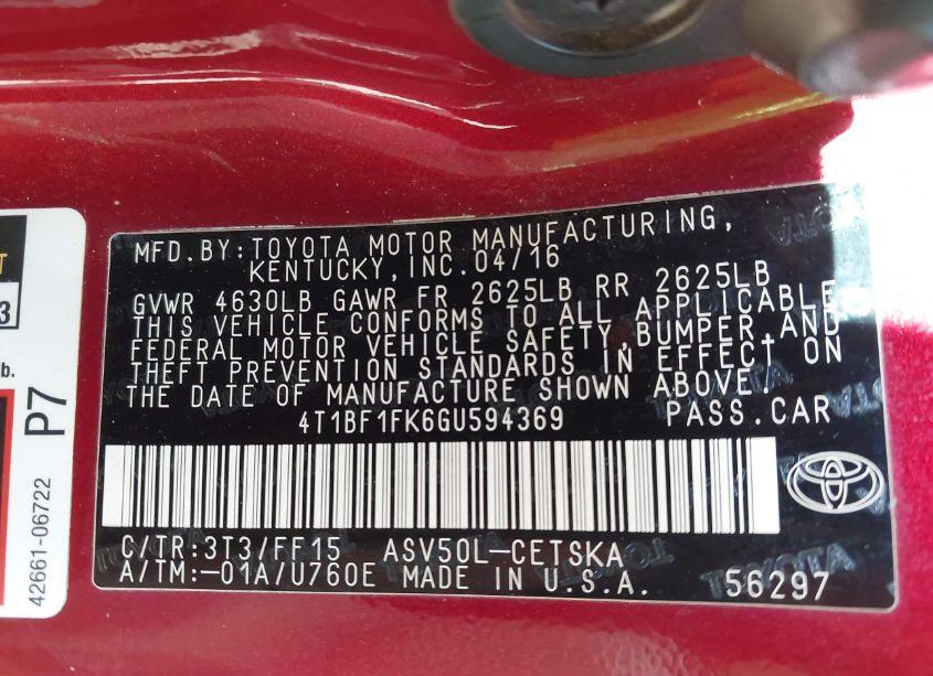 Photo 9 of 2016 Toyota Camry SE (VIN 4T1BF1FK6GU594369)