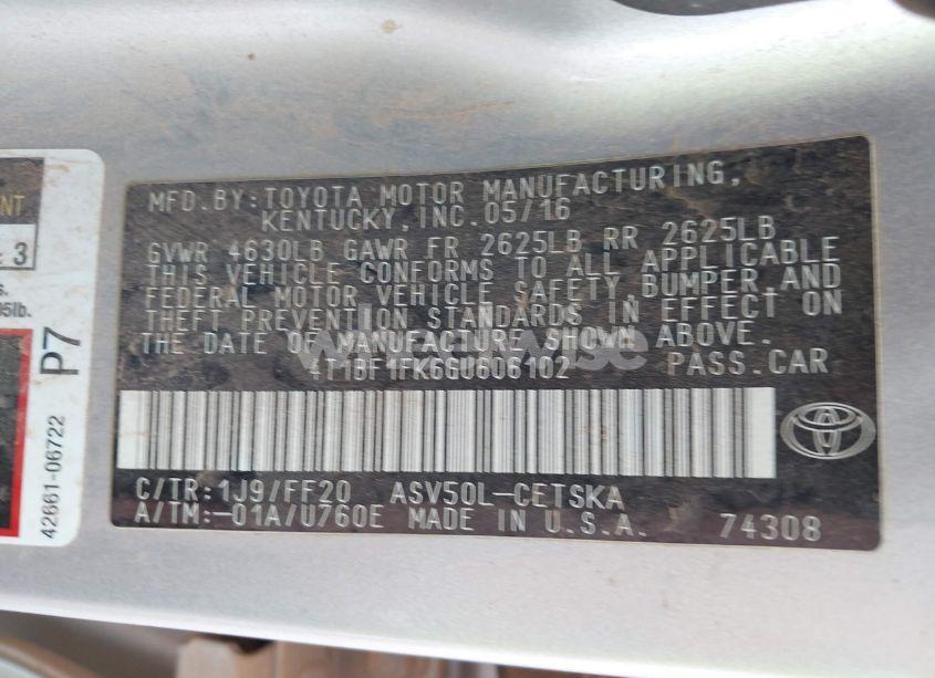 Photo 9 of 2016 Toyota Camry LE/SE/XLE/XSE (VIN 4T1BF1FK6GU606102)