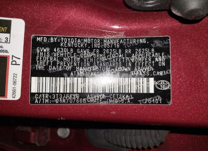 Photo 9 of 2016 Toyota Camry SE (VIN 4T1BF1FK6GU606679)