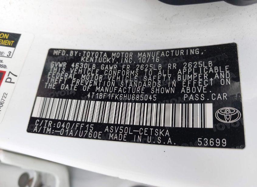 Photo 9 of 2017 Toyota Camry LE/SE/XLE/XSE (VIN 4T1BF1FK6H4685045)