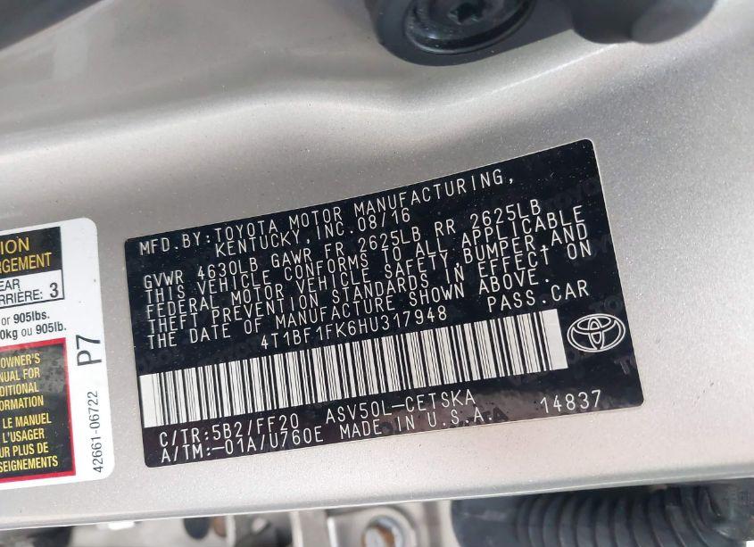 Photo 9 of 2017 Toyota Camry SE (VIN 4T1BF1FK6HU317948)
