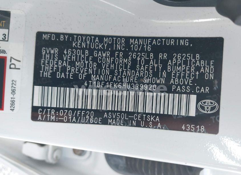 Photo 9 of 2017 Toyota Camry SE (VIN 4T1BF1FK6HU339920)