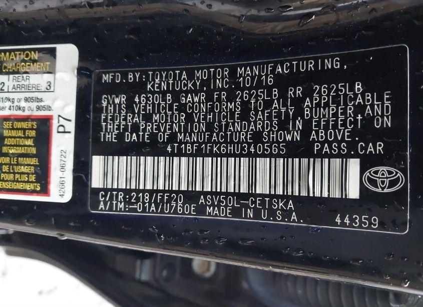 Photo 9 of 2017 Toyota Camry SE (VIN 4T1BF1FK6HU340565)