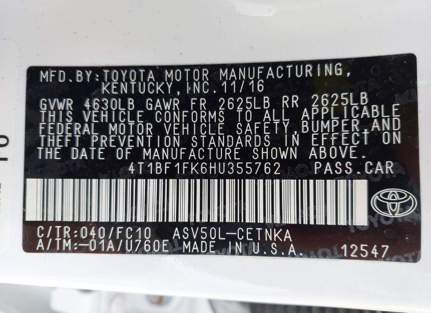 Photo 9 of 2017 Toyota Camry LE (VIN 4T1BF1FK6HU355762)