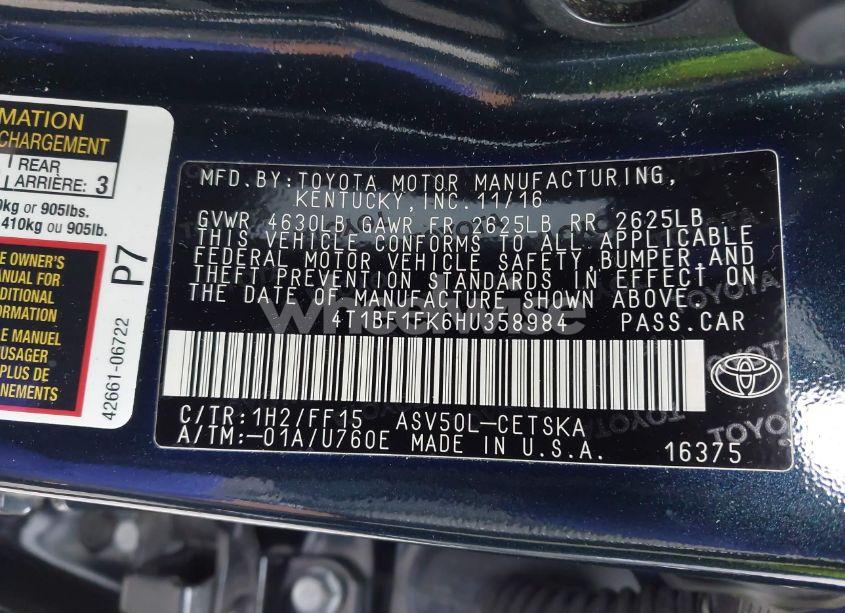 Photo 9 of 2017 Toyota Camry SE (VIN 4T1BF1FK6HU358984)