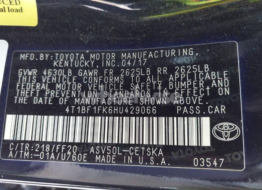 Photo 9 of 2017 Toyota Camry SE (VIN 4T1BF1FK6HU429066)