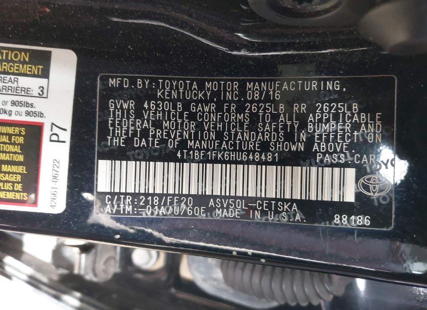 Photo 9 of 2017 Toyota Camry SE (VIN 4T1BF1FK6HU648481)