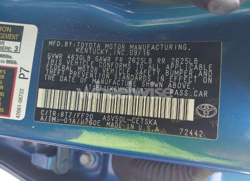 Photo 9 of 2017 Toyota Camry SE (VIN 4T1BF1FK6HU668617)