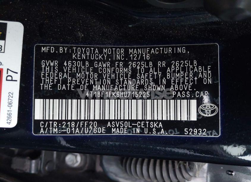 Photo 9 of 2017 Toyota Camry SE (VIN 4T1BF1FK6HU715225)