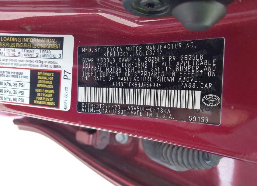 Photo 9 of 2017 Toyota Camry SE (VIN 4T1BF1FK6HU754994)