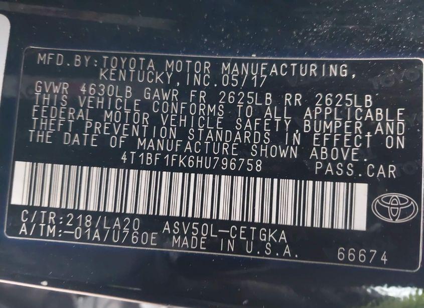 Photo 9 of 2017 Toyota Camry XLE (VIN 4T1BF1FK6HU796758)