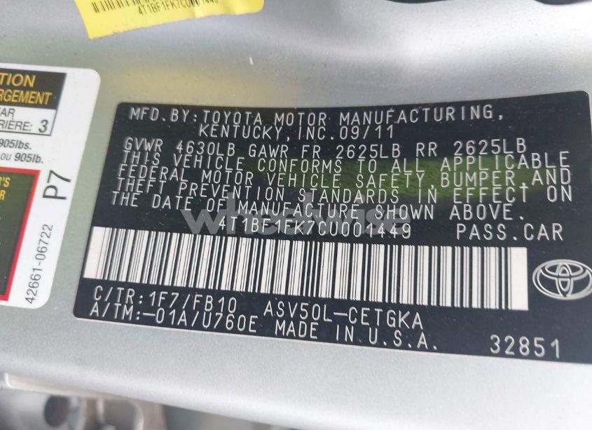 Photo 9 of 2012 Toyota Camry XLE (VIN 4T1BF1FK7CU001449)