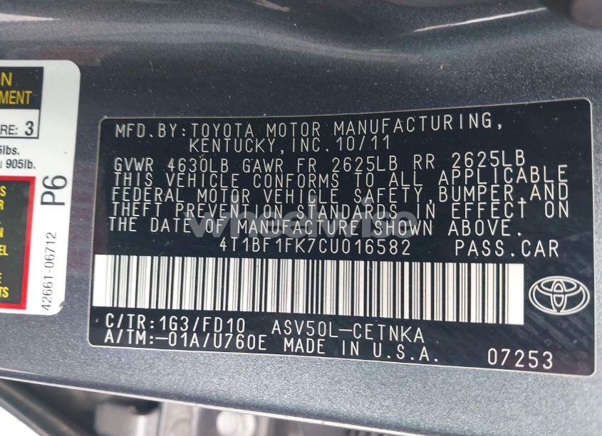 Photo 9 of 2012 Toyota Camry LE (VIN 4T1BF1FK7CU016582)