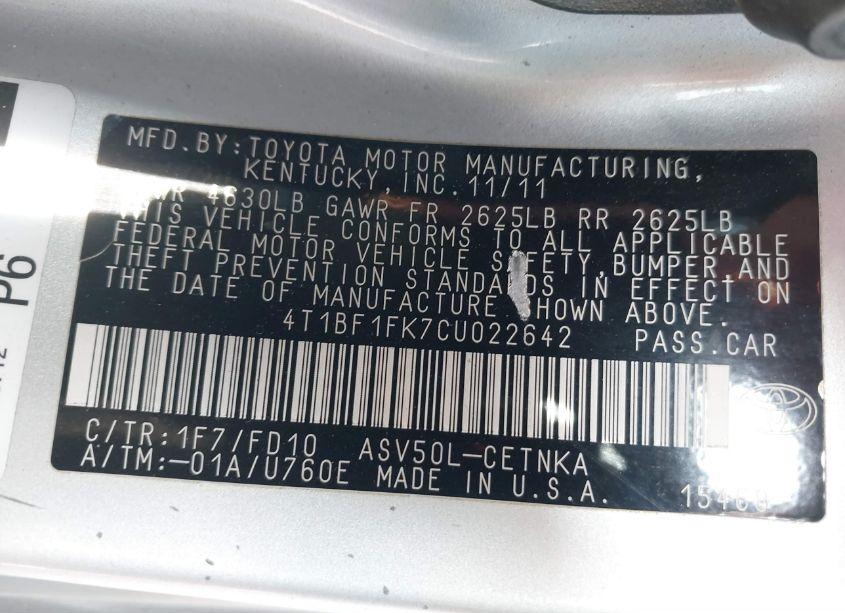 Photo 9 of 2012 Toyota Camry LE (VIN 4T1BF1FK7CU022642)
