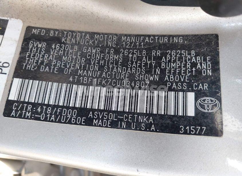 Photo 9 of 2012 Toyota Camry LE (VIN 4T1BF1FK7CU034807)