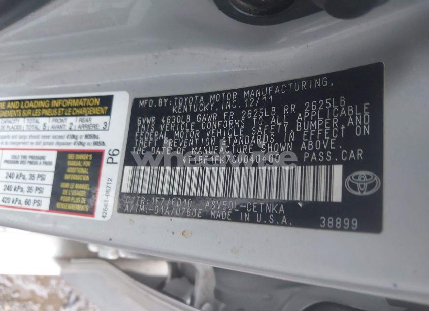 Photo 9 of 2012 Toyota Camry LE (VIN 4T1BF1FK7CU040400)
