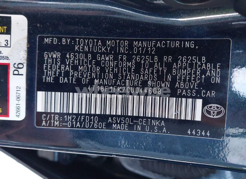 Photo 9 of 2012 Toyota Camry LE (VIN 4T1BF1FK7CU044608)