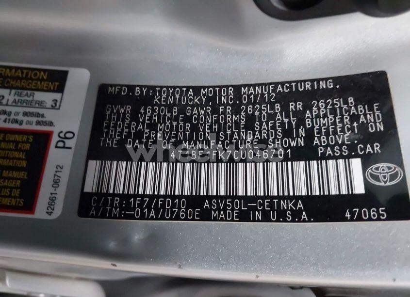 Photo 9 of 2012 Toyota Camry LE (VIN 4T1BF1FK7CU046701)