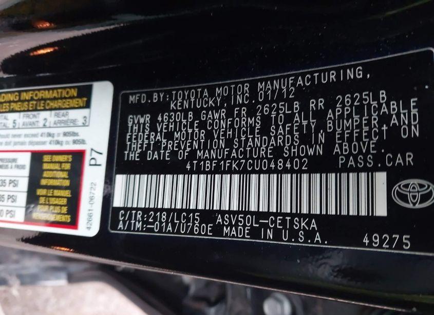 Photo 9 of 2012 Toyota Camry SE (VIN 4T1BF1FK7CU048402)