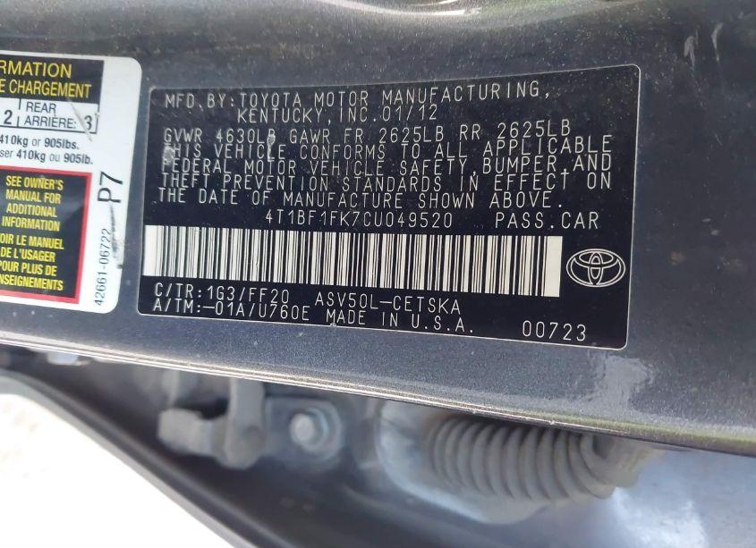 Photo 9 of 2012 Toyota Camry SE (VIN 4T1BF1FK7CU049520)