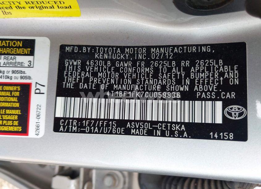 Photo 9 of 2012 Toyota Camry L/LE/SE/SE LIMITED EDITION/XLE (VIN 4T1BF1FK7CU059836)