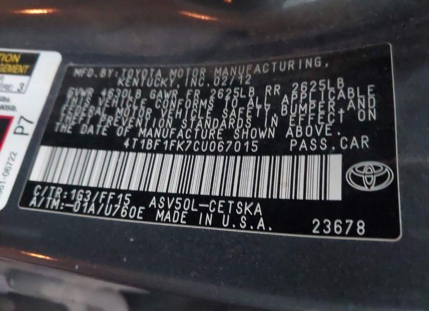 Photo 9 of 2012 Toyota Camry SE (VIN 4T1BF1FK7CU067015)
