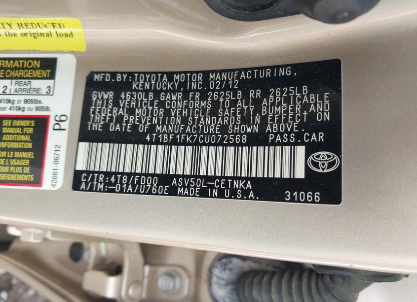 Photo 9 of 2012 Toyota Camry LE (VIN 4T1BF1FK7CU072568)