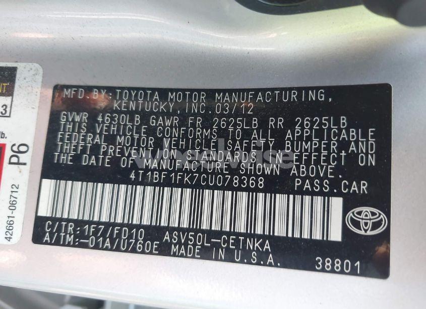 Photo 9 of 2012 Toyota Camry LE (VIN 4T1BF1FK7CU078368)
