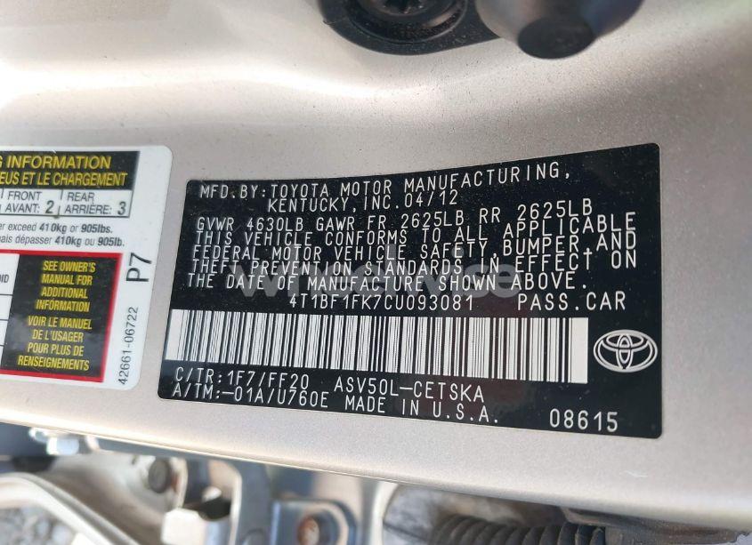 Photo 9 of 2012 Toyota Camry SE (VIN 4T1BF1FK7CU093081)