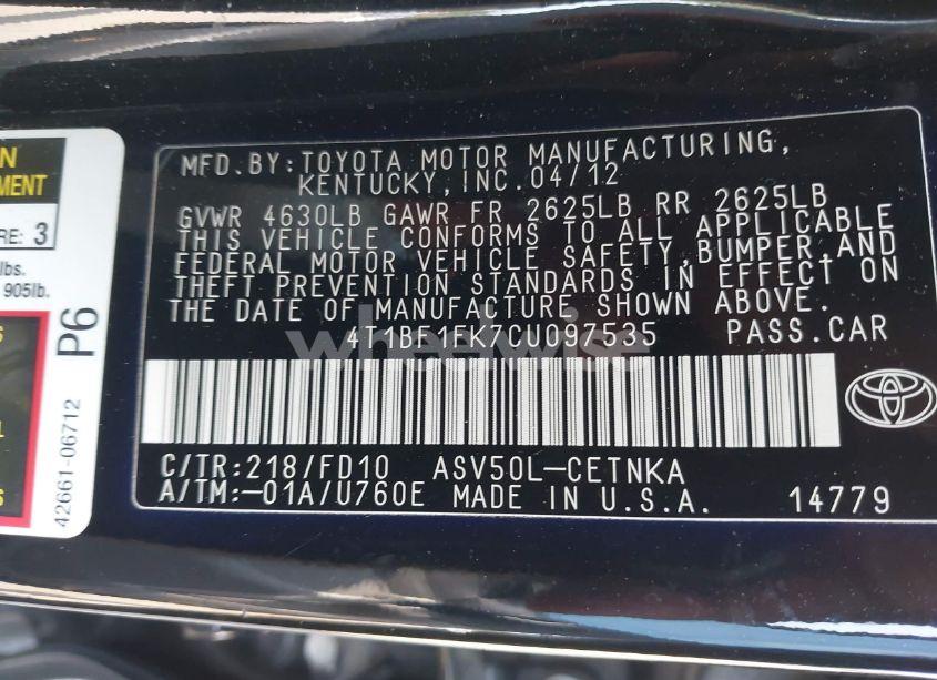 Photo 9 of 2012 Toyota Camry LE (VIN 4T1BF1FK7CU097535)