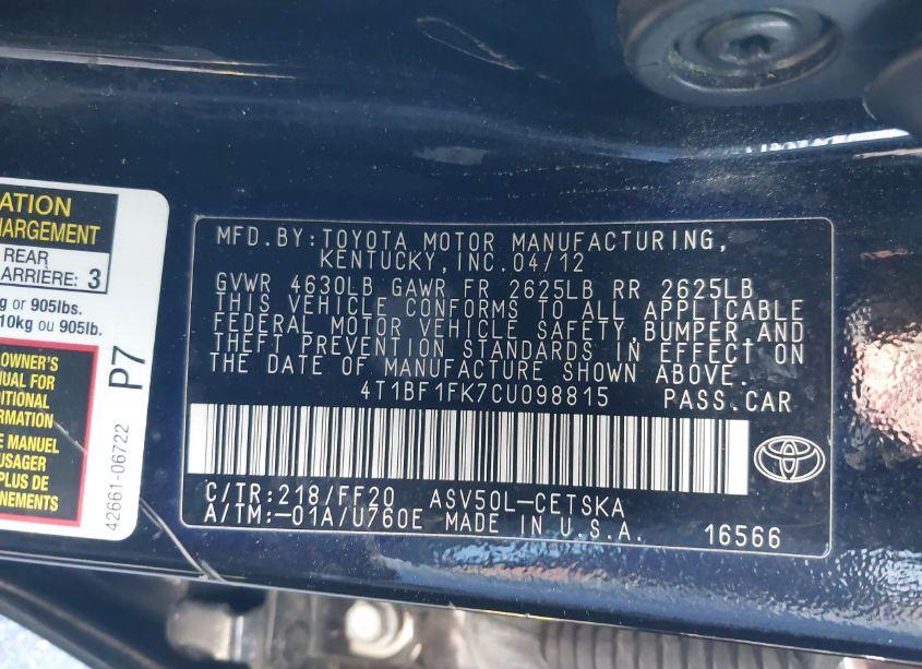 Photo 9 of 2012 Toyota Camry SE (VIN 4T1BF1FK7CU098815)