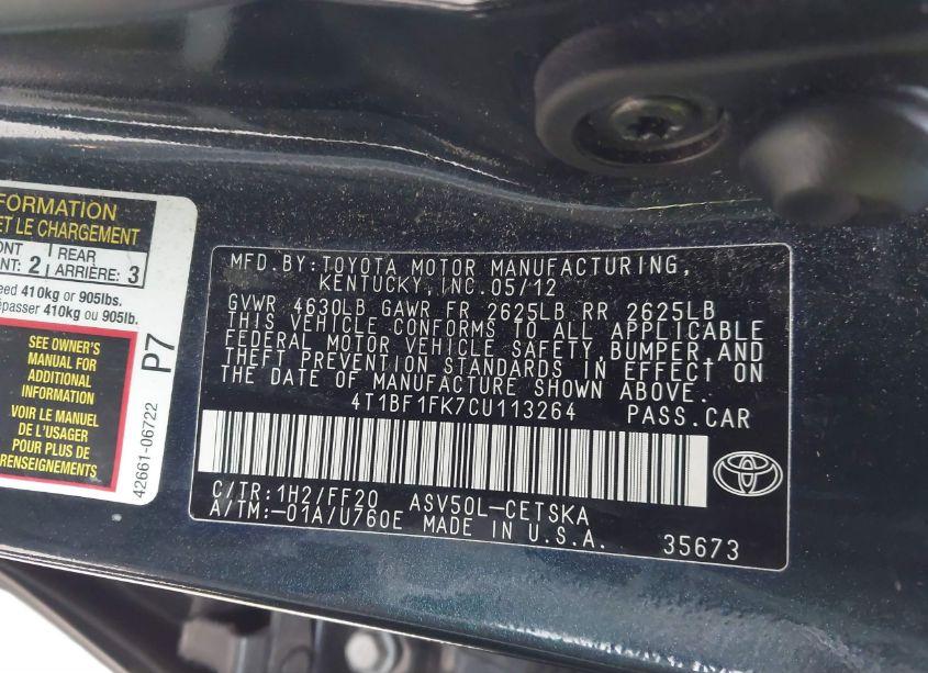 Photo 9 of 2012 Toyota Camry SE (VIN 4T1BF1FK7CU113264)