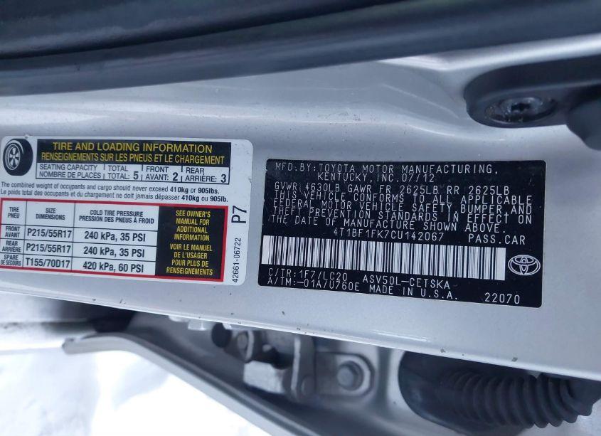 Photo 9 of 2012 Toyota Camry SE (VIN 4T1BF1FK7CU142067)