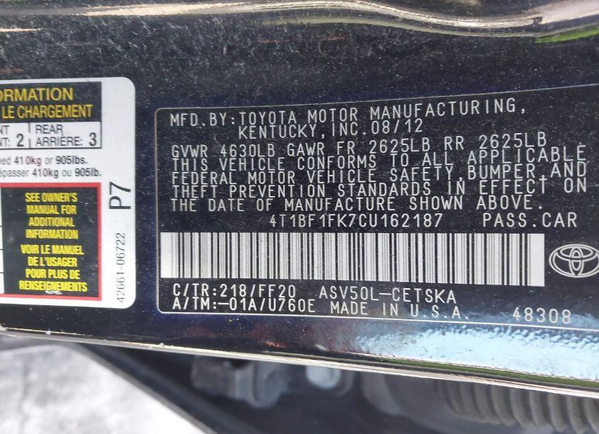 Photo 9 of 2012 Toyota Camry SE (VIN 4T1BF1FK7CU162187)